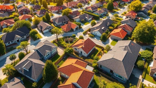 Aerial view of suburban homes highlighting different roofing materials for roofing materials durability Houston.