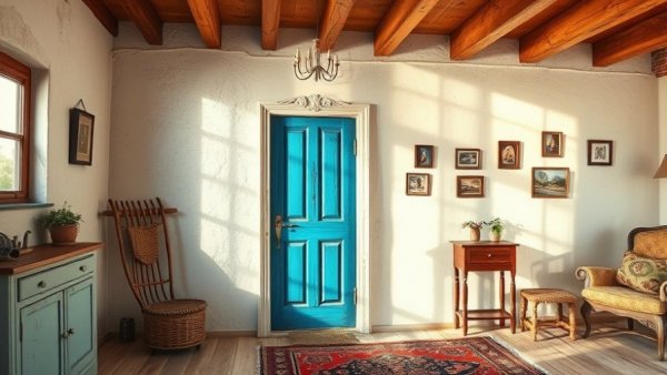 Cozy room with rustic blue door and eclectic decor, spring home design trends.