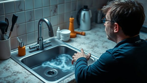 Alarmed expression while dealing with clogged sink during garbage disposal maintenance.