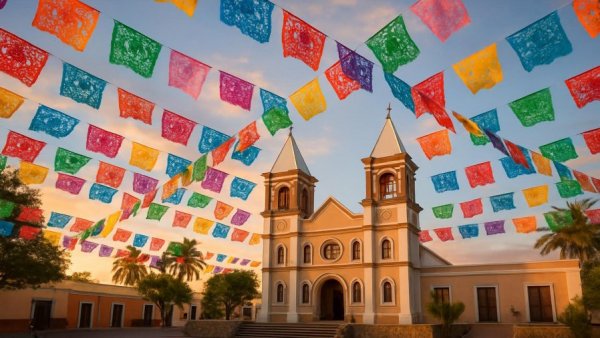 Colorful bunting over San José del Cabo church during festival.
