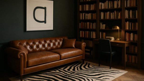Eclectic home office design with leather couch and zebra rug.