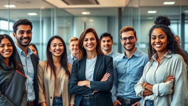 Diverse professionals standing together in a modern office, alternatives to fine-tuning in AI development.