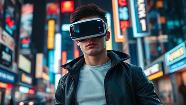 Futuristic hero with XR glasses in neon-lit city for immersive entertainment.