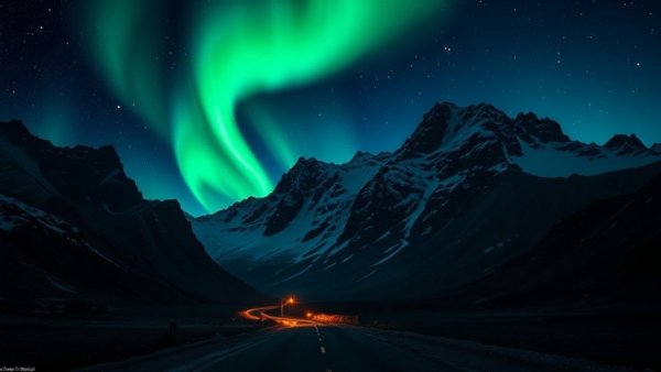 Mysterious book cover with glowing lights and mountain landscape, Warrior Pose Yoga Mat Mysteries.
