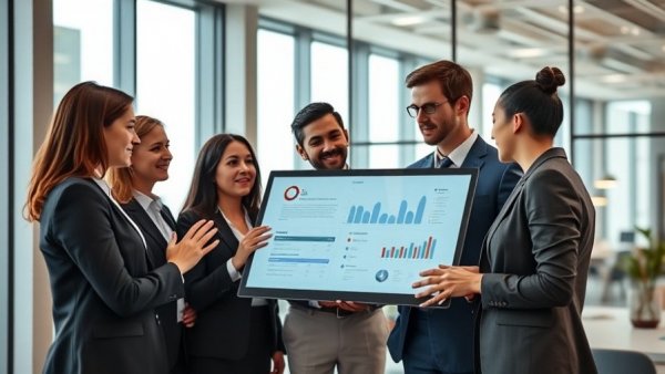 Sales and marketing team in meeting discussing strategy.