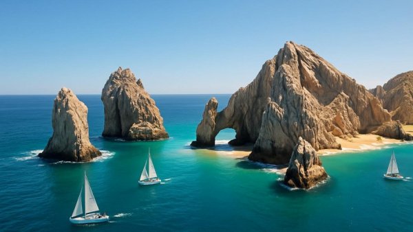 Aerial view of Los Cabos rock formations with boats in March.