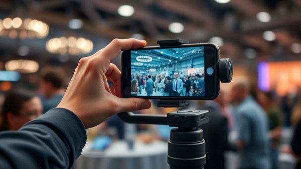 Close-up of smartphone on stabilizer capturing a scene at an event.