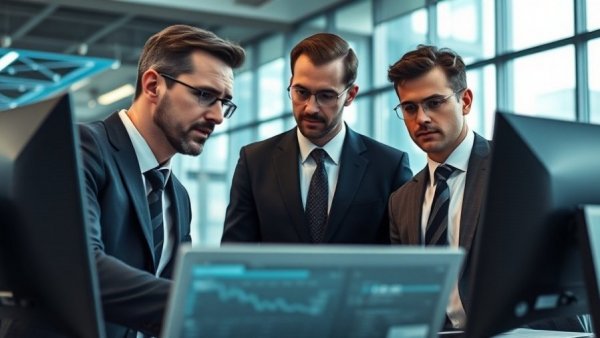 Businessmen analyzing data, relevant to Zoom earnings and AI strategy.
