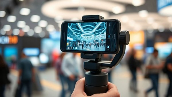 Close-up of a hand holding a smartphone on a stabilizer at a tech exhibition, highlighting Honor Robot Phone innovations.
