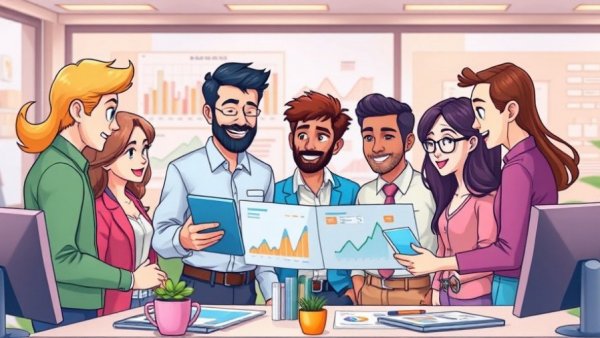 Illustration of a diverse team analyzing ADP valuation and earnings report data.