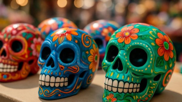 Vibrant ceramic skulls with intricate designs, local souvenirs in Los Cabos.