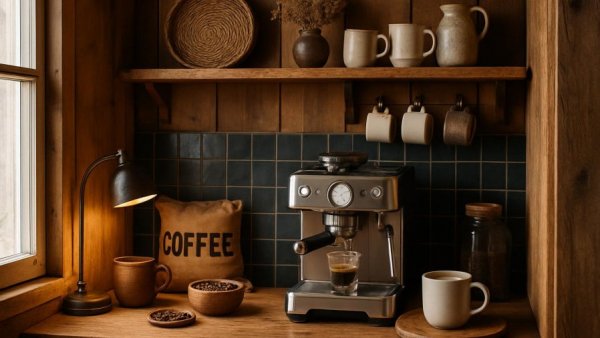 Cozy coffee nook with espresso machine in remodeled kitchen space.