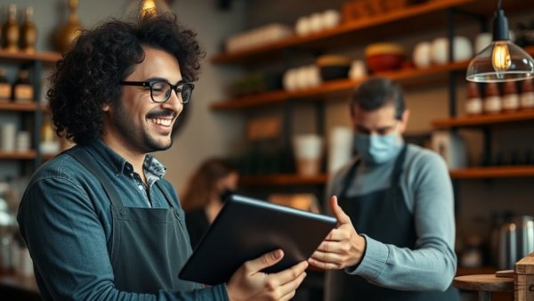 Barista discussing custom marketing strategies for small businesses.