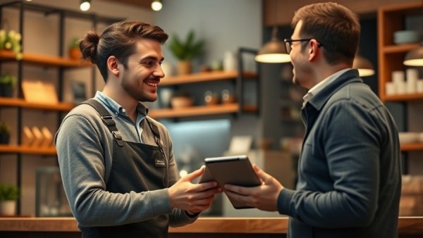 Friendly cafe interaction illustrating custom marketing strategies.