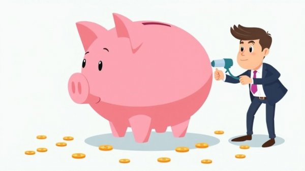 Cartoon man inflating large piggy bank for venture capital investments.