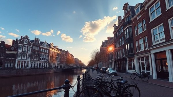 Quaint canal-side buildings in Amsterdam with bicycles outside.
