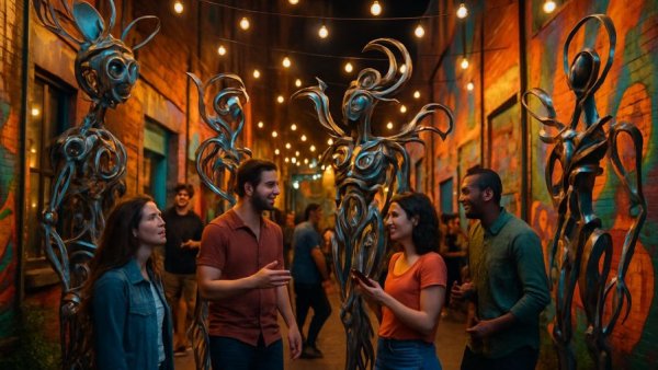 San José del Cabo Art Walk vibrant scene with sculpture and visitors.