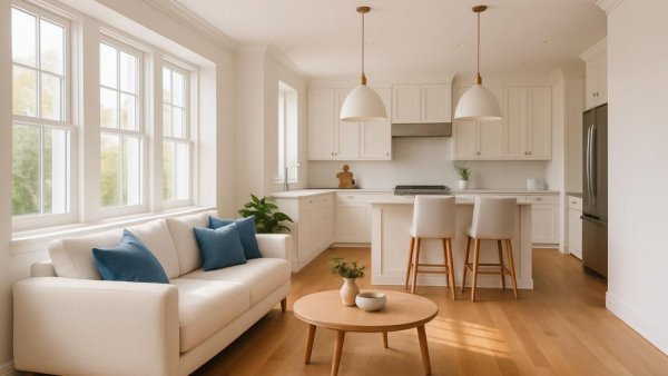 Bright kitchen and living area with modern decor, remodeling inspiration.