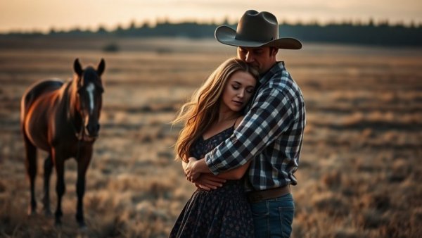 Romantic cowboy scene with couple and horse in a field.