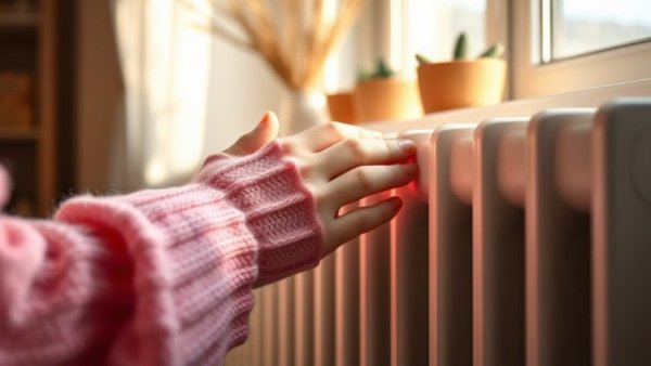 Hands warming on a radiator in a cozy home setting.