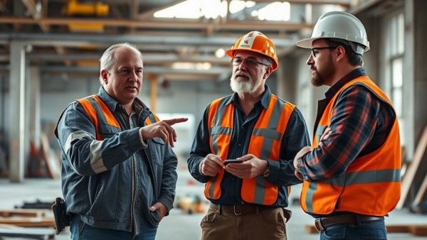 HVAC workers discussing project in an unfinished building.