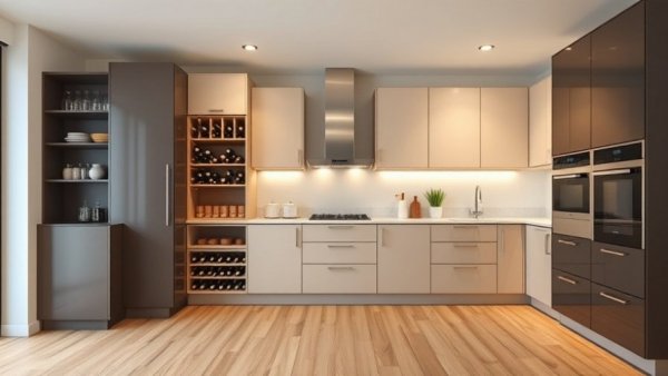 Modern kitchen with creative storage solutions and wine rack.