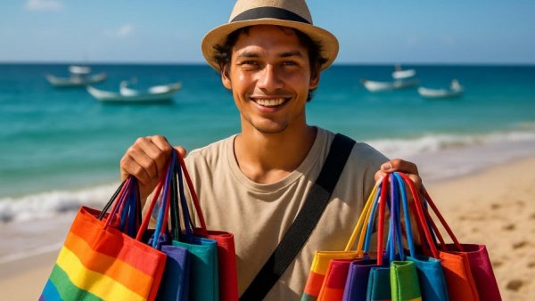 Child labor vendors Cabo shown selling hats by the ocean.