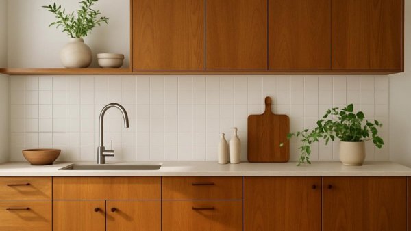 Stylish midcentury kitchen design with wooden cabinets and sleek faucet.