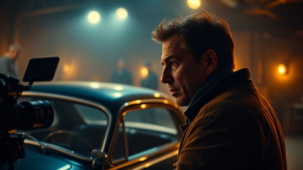 Focused film director in studio with vintage car, Edgar Wright X-Men film vibe.