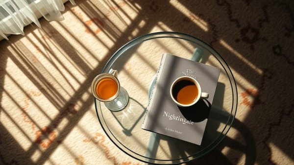 Books like The Nightingale on glass table with coffee in sunlight.