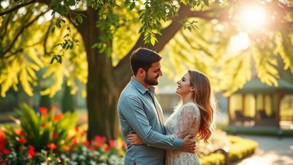 Clean romance scene of a couple embracing under a sunlit tree.