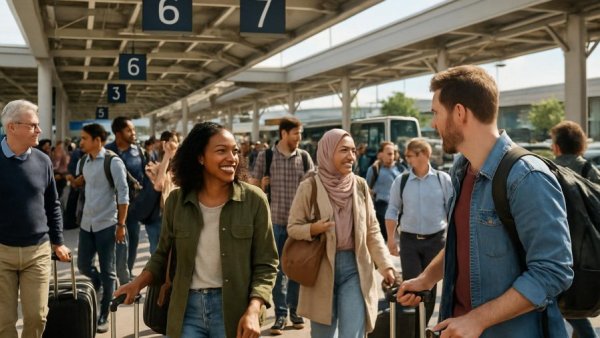 Crowded Los Cabos airport terminal with travelers waiting.