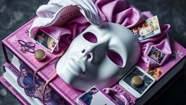 Surreal book cover with mask and collage, purple theme.