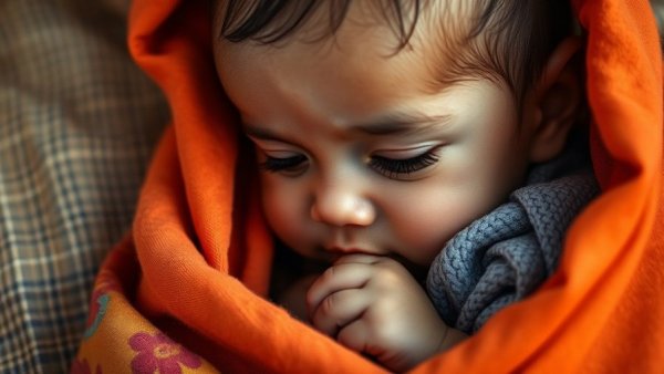 Baby breastfeeding wrapped in colorful clothing, intimate moment.