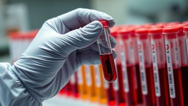 MMP11 Blood Test for Cancer: gloved hand with blood tubes in lab.