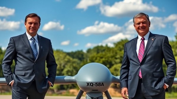 Confident men in suits beside a military drone illustrating Pentagon AI supply chain risk.