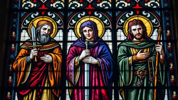 Intricate medieval stained glass depicting historical fiction mystery scene.