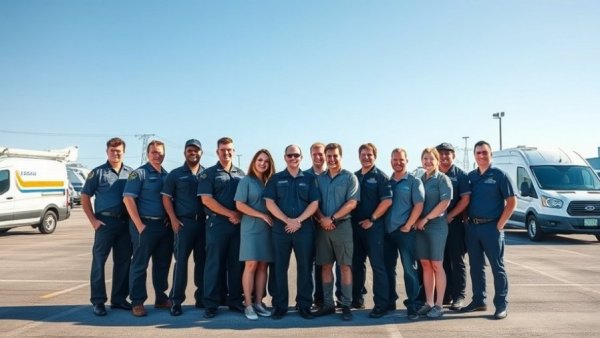 Team photo of uniformed employees outdoors near service vehicles.