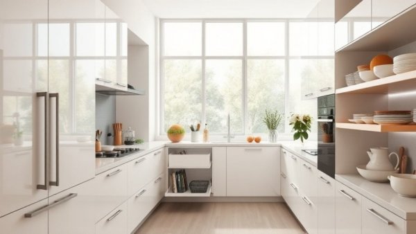 Modern kitchen showcasing pull-out cabinet organizers for efficient storage.