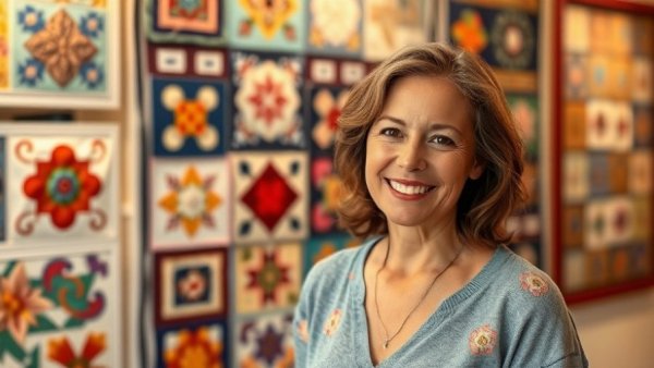 Woman at Tiny Pricks Project exhibit with quilted art backdrop.