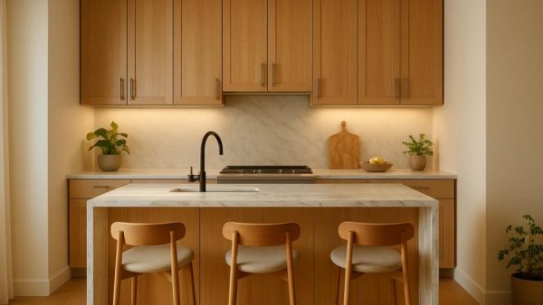 Modern kitchen remodeling in Houston with wood and marble design.