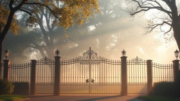 Iron gates of a property amidst morning mist and trees.
