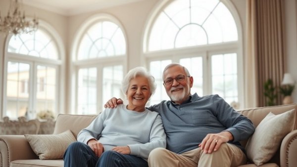 Elderly couple enjoying a cohesive home design in a bright living room.