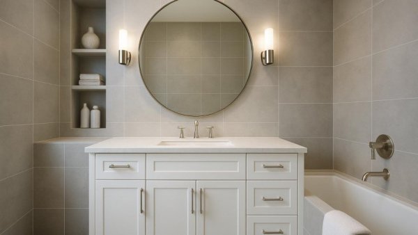 Modern bathroom design with gray tiles and white vanity in Houston TX.