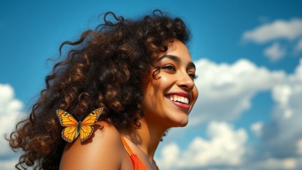 Smiling woman with butterfly against a bright sky, Bluesky leadership changes.