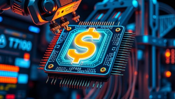 Futuristic AI chip with dollar sign in high-tech lab, representing innovation prize.
