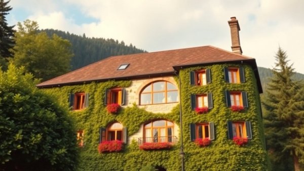 Ivy-covered hotel exterior near lush hillside at Parkhotel Mondschein.