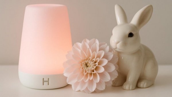 Hatch Baby sound machine softly glowing pink beside decorative flower and rabbit, review.