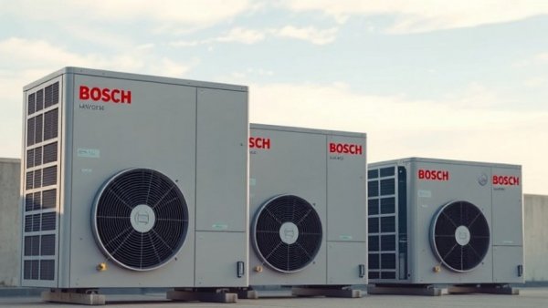 Bosch IDS Edge heat pump technology showcasing three modern HVAC units in varying sizes.