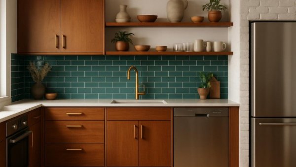 Mid-century kitchen renovations with wood cabinets and teal tiles.